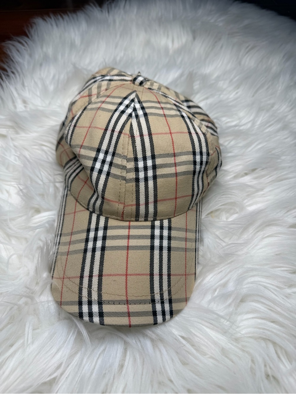 Burberry Beige Plaid Baseball Cap with Black and Red Accents